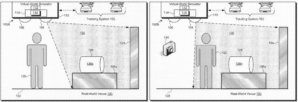 Picture from the Disney filed patent depicting a drawn depiction of how the virtual world simulator works.